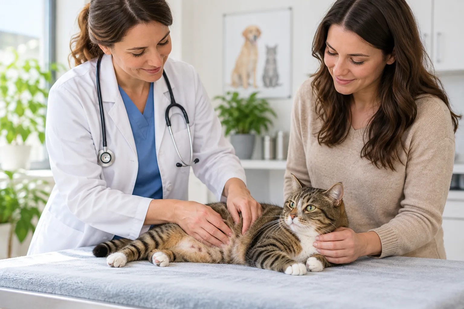 Owner and cat beside a veterinary professional