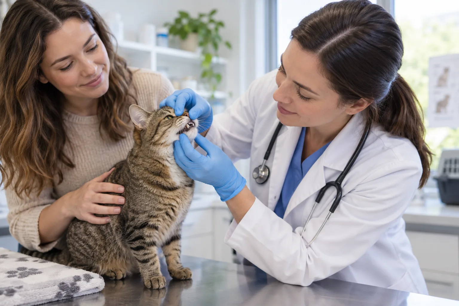 Owner with a cat and veterinary professional during a clinic discussion